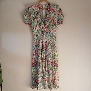 Vintage LA Gal Floral Dress With Ruffle Yoke Short Sleeve Shoulder Pads